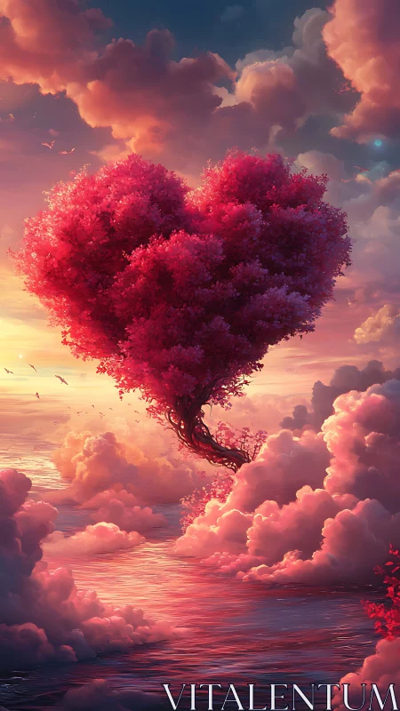 A Heart-Shaped Tree Blooming Among Dreamy Clouds.
