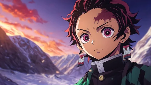 Anime swordsman in snowy mountains at vivid sunset.