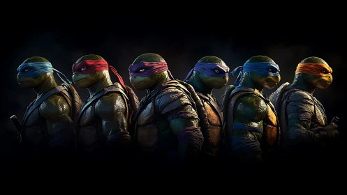 Six stylized mutant turtle warriors rendered with cinematic 3D lighting