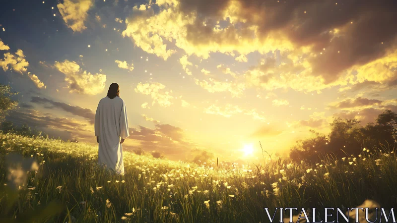 Robe-clad figure crossing sunlit meadow at radiant dawn.