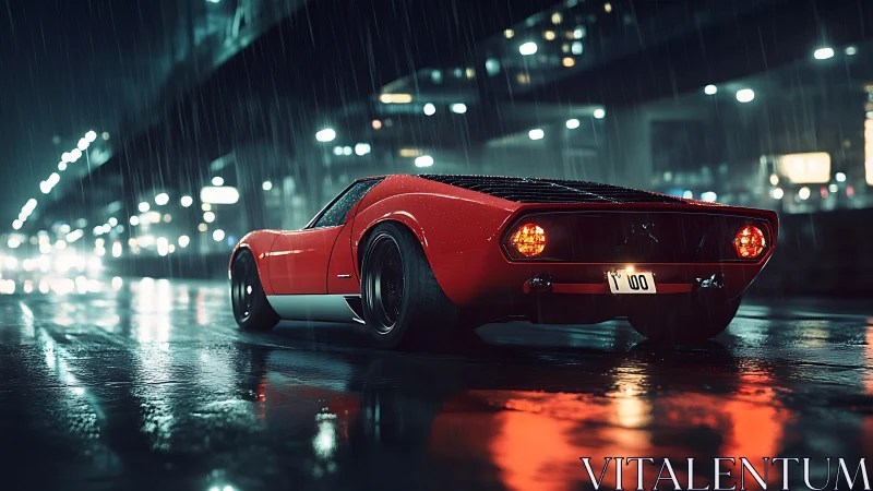 Red classic sports car on wet night city street scene.