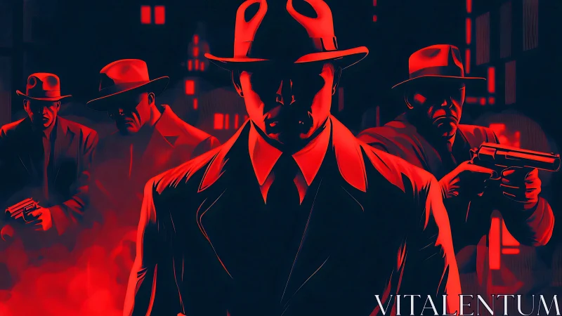Noir gangsters emerge from red-lit city shadows at night.