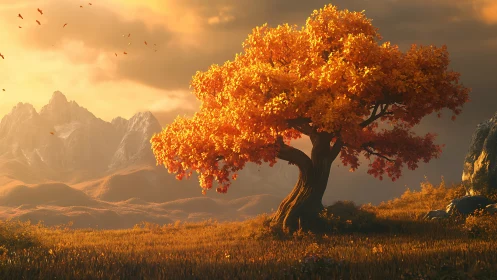 Ember crowned tree dreaming beneath molten autumn skies.