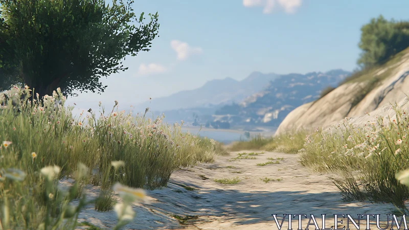 Winding Path Through Wildflowers and Mountains