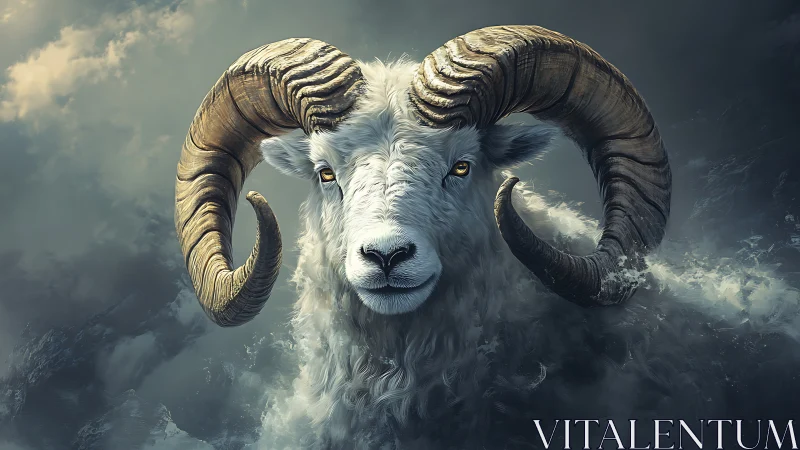 Storm crowned ram gazes through thundercloud surf in silence