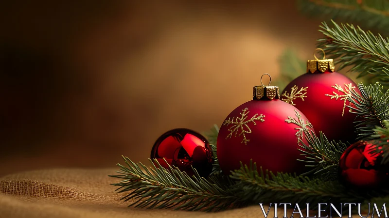 Cozy red ornaments tucked into evergreen holiday branches.