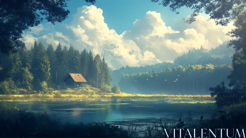 Lakeside forest cabin rests under towering summer clouds.