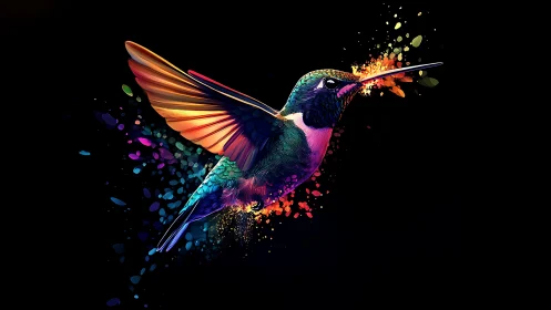 Neon hummingbird burst with iridescent splatter on black.
