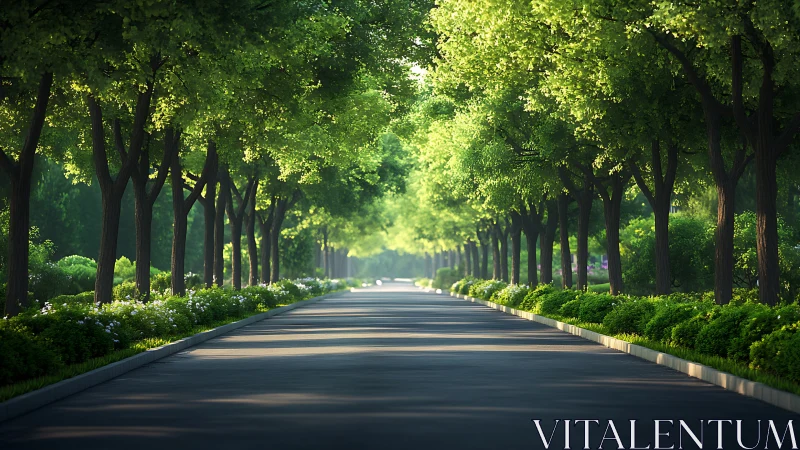 Tree-lined avenue captures tranquil morning light in summer