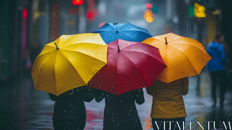 Three people walk under umbrellas in a wet urban street