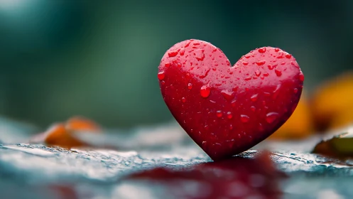 Red Heart Shape Covered in Water Droplets