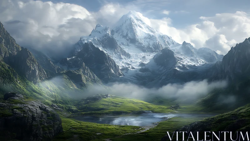 Snowcapped alpine massif above misted emerald valley basin.
