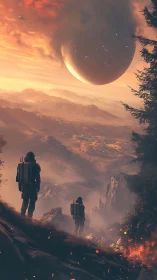 Astronaut explorers survey misty valley beneath colossal planet