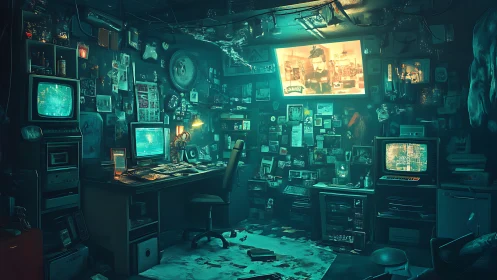 Digital workstation fills cluttered, low-lit retro tech room