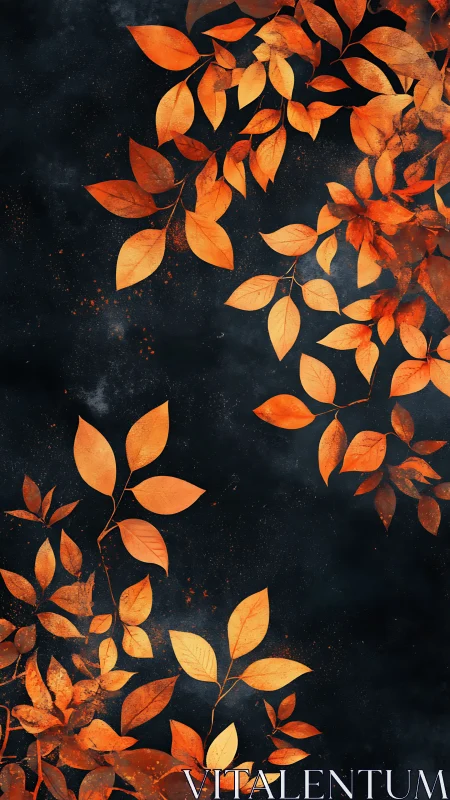 Burnished autumn leaves drift across deep midnight sky.