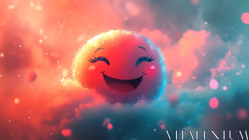 Smiling cartoon sphere within multicolored glowing clouds.