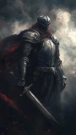 Stormlit armored knight stands ready with a blazing steel blade