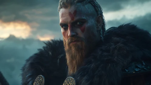 Viking warrior portrait in fur cloak at moody sunset.