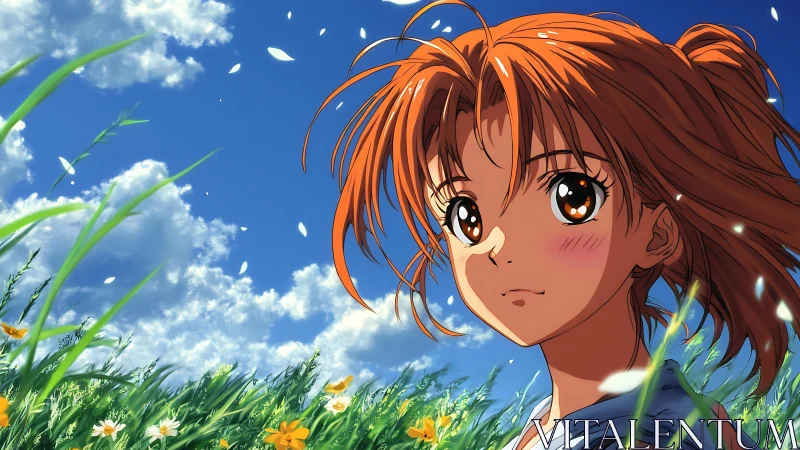 Anime girl gazes over sunlit meadow under vivid sky