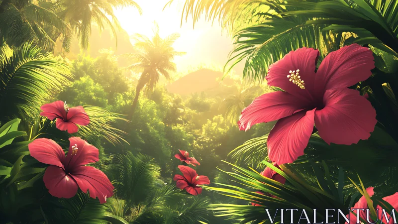 Red hibiscus blooms beneath golden sunlight in a tropical paradise