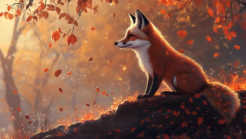 Red fox in glowing autumn forest with cinematic backlight.
