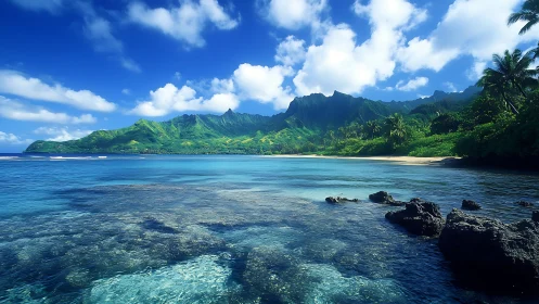 Tropical Paradise Beach with Verdant Mountains Meeting Turquoise Waters