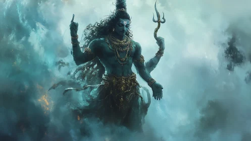 Divine blue deity rises from swirling cosmic storm clouds.