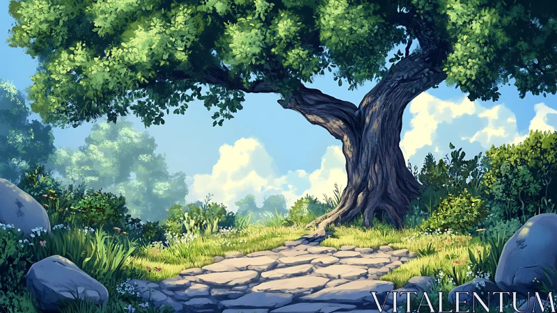 Ancient Gnarled Oak: Monumental Arboreal Specimen with Stone Pathway.