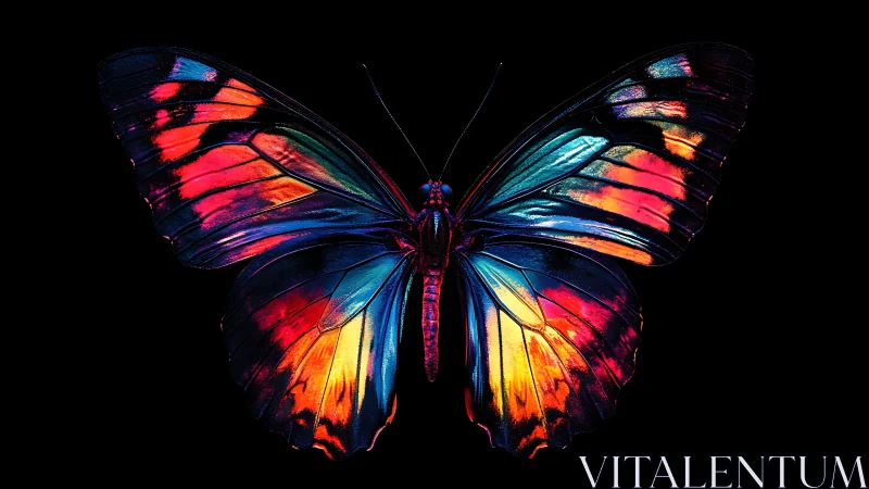 Neon butterfly wings glowing against deep black background.