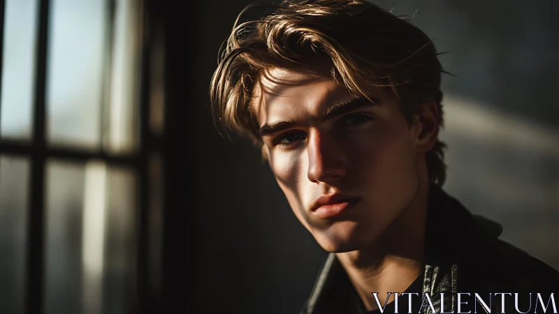 Young man sits in directional window light facing camera