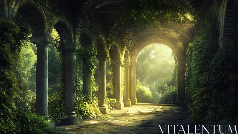 Stone colonnade corridor stands in overgrown sunlit garden