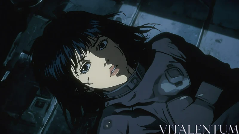 Cyborg woman in low-key lighting studies ceiling from metal floor