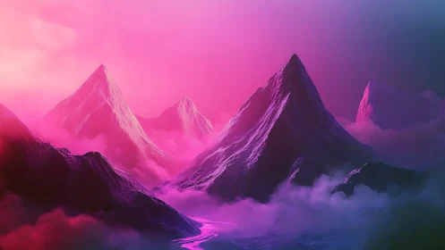 Neon twilight mountains over glowing mist valleyscape.