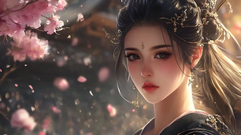 Elegant hanfu maiden stands under drifting cherry blossoms