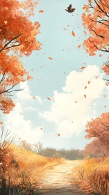 Crimson autumn trees framing a sunlit country path scene.