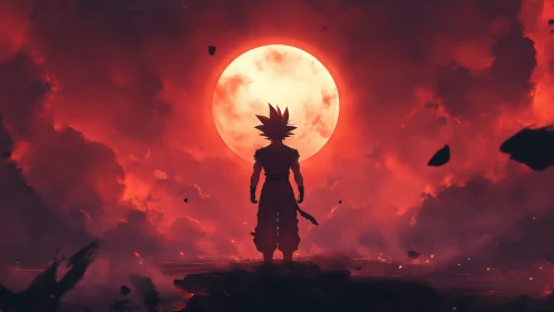 Lone spiky warrior confronting a colossal blood-red moon.