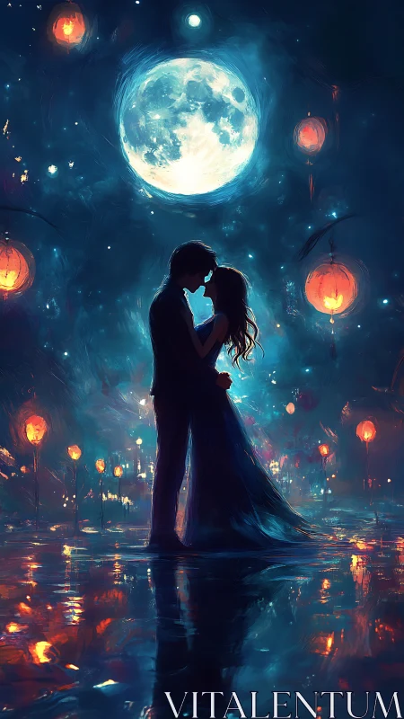 Silhouetted couple embracing beneath luminous full moon night