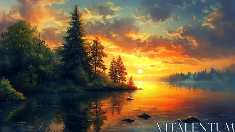 Sunset illuminates forested lake shoreline with cloud layers