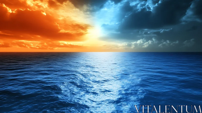 Photorealistic seascape horizon with dual chromatic sky split.