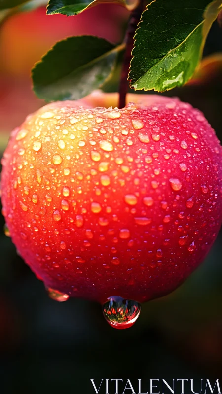 Macro view red apple with dewdrops against dark bokeh background.