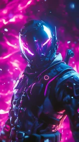 Neon vortex ranger in reflective armor amid magenta storm.