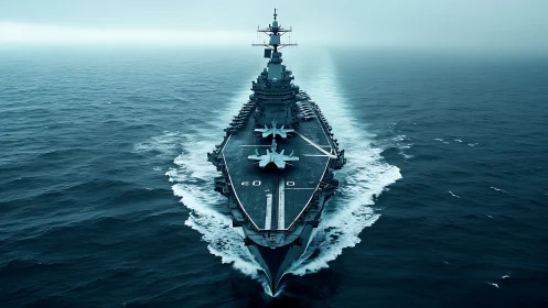 Aircraft carrier cuts through open ocean under misty light