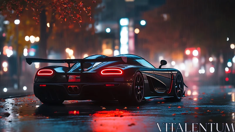 Supercar sits on wet city street under neon night rain