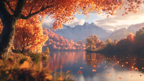 Digital painting of alpine lake framed by luminous autumn foliage.