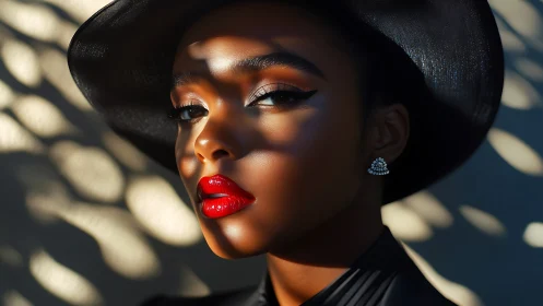 Sunlit red lips and shadowed elegance in a wide black hat.