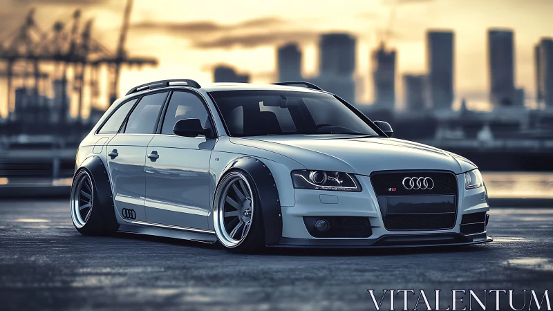 Lowered white Audi wagon rests by harbor at golden sunset