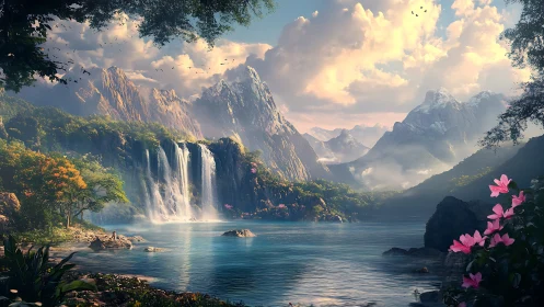 Sunlit waterfall valley framed by misty alpine peaks.