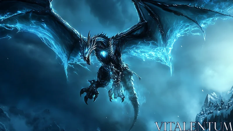 Electrified ice dragon descends over a stormy frozen abyss