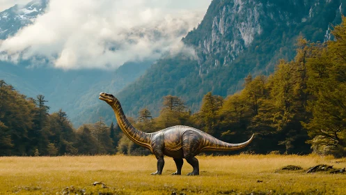 Sauropod dinosaur in alpine valley meadow under misty mountains