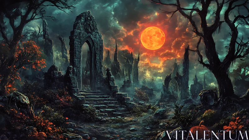 Blood-orange moon crowns ruins while haunted gate waits still